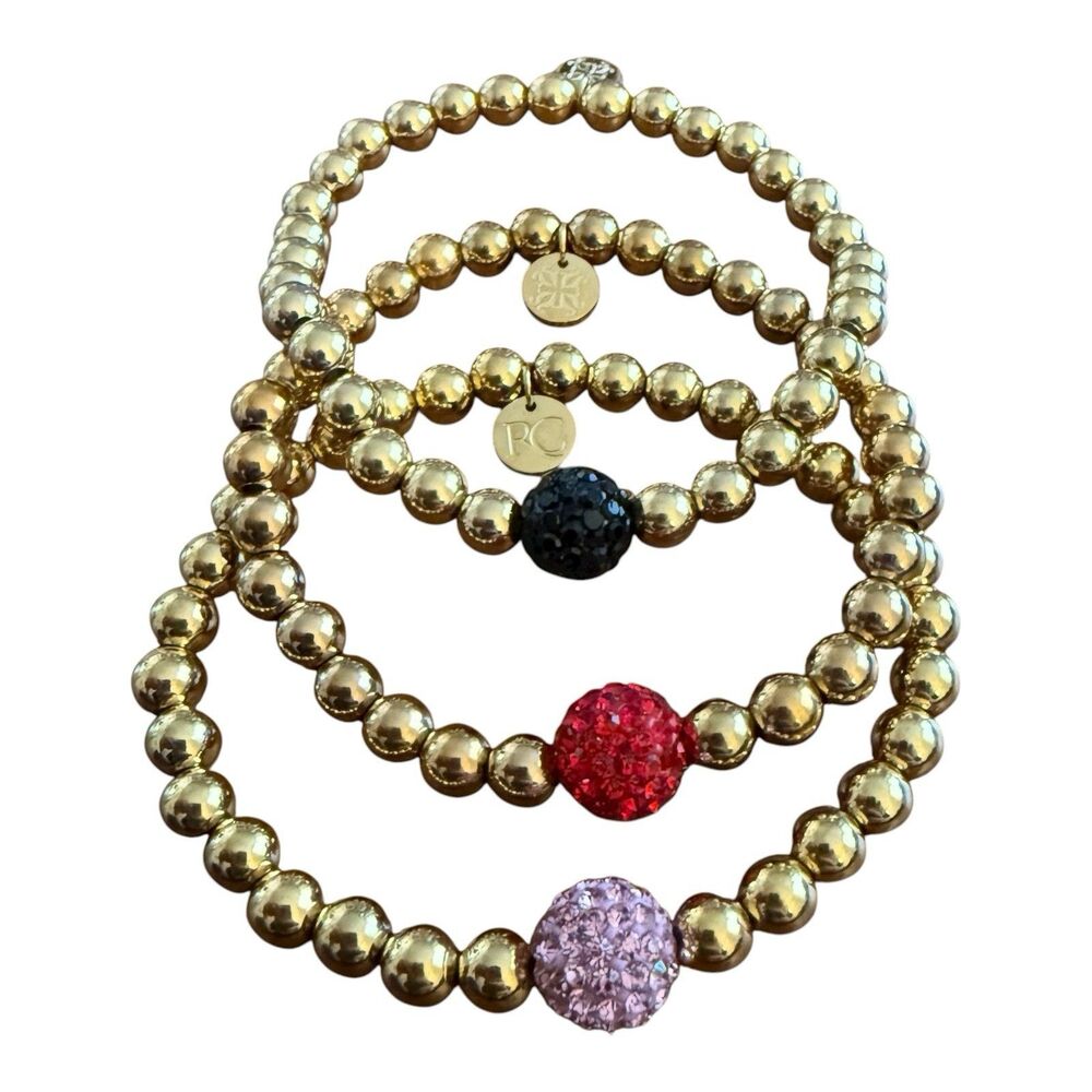 Rustic Cuff Ireland Beaded Stretch Bracelet Set Of 3 Pink Red Black Crystal